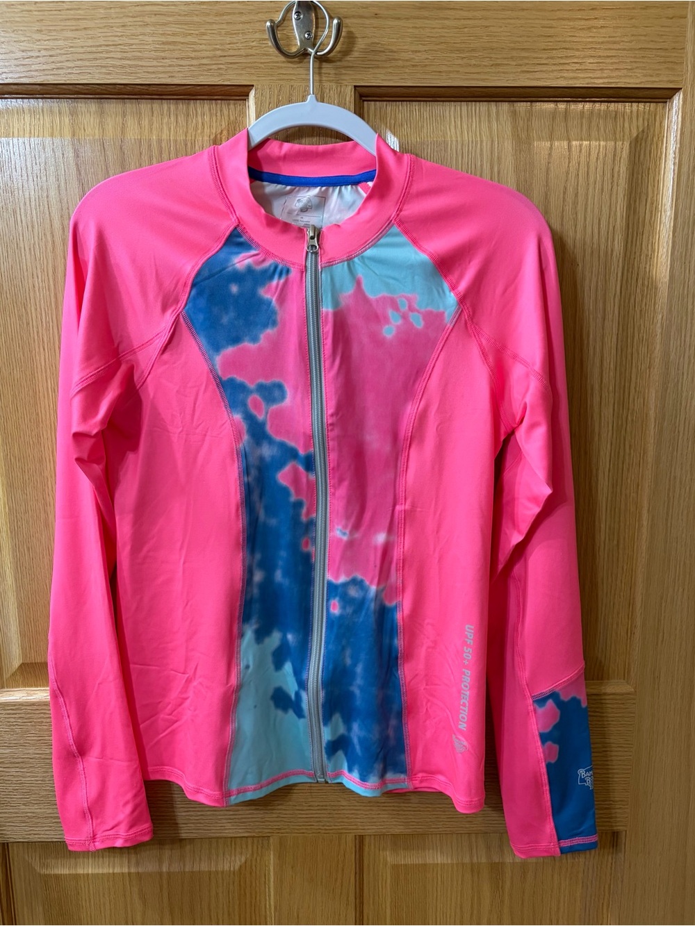 Women's Pink Long-Sleeve Zip Front SPF Coverup with Blue Tie-Dye Panel